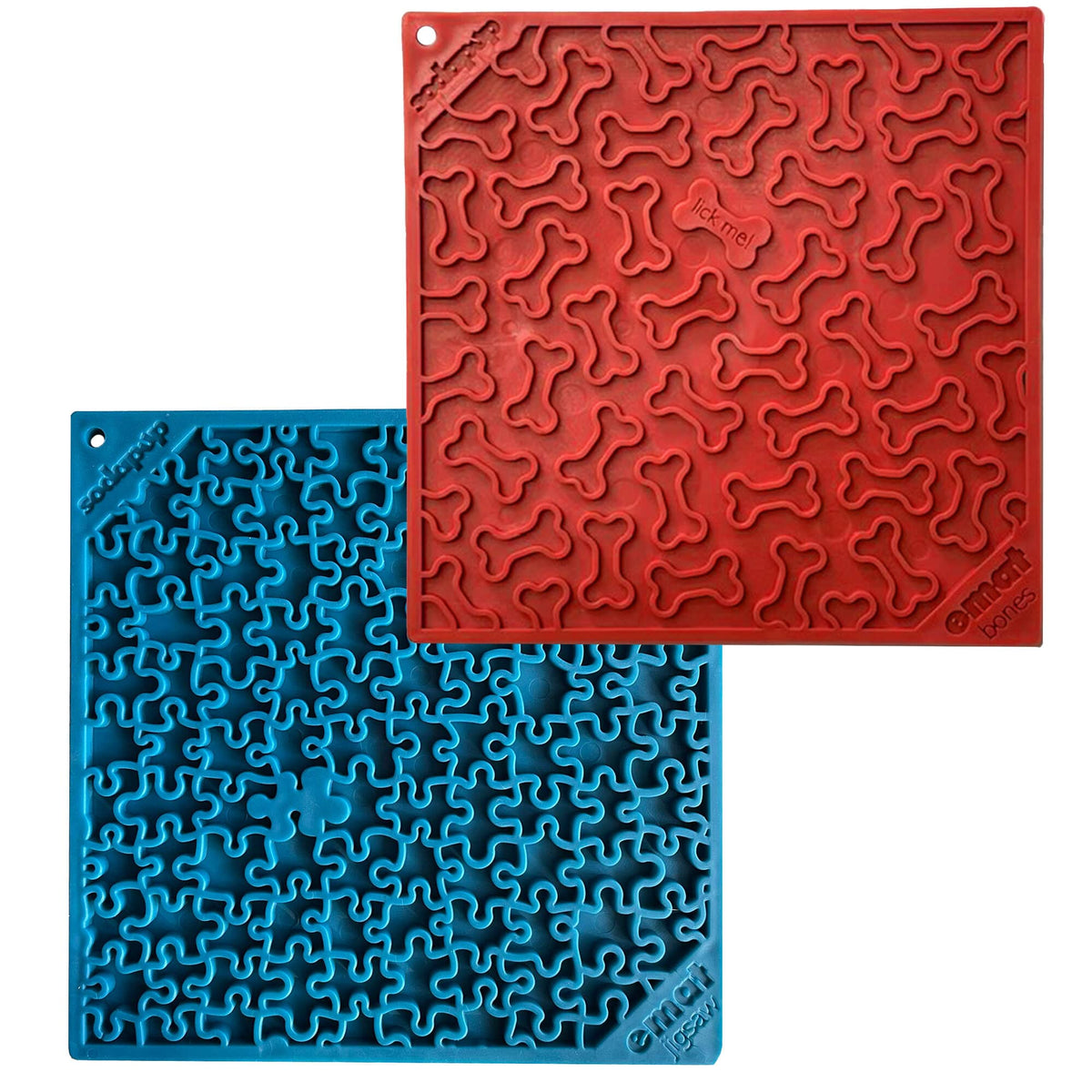 SodaPup Large Blue Jigsaw & Large Red Bones eMat Lick Mat Bundle