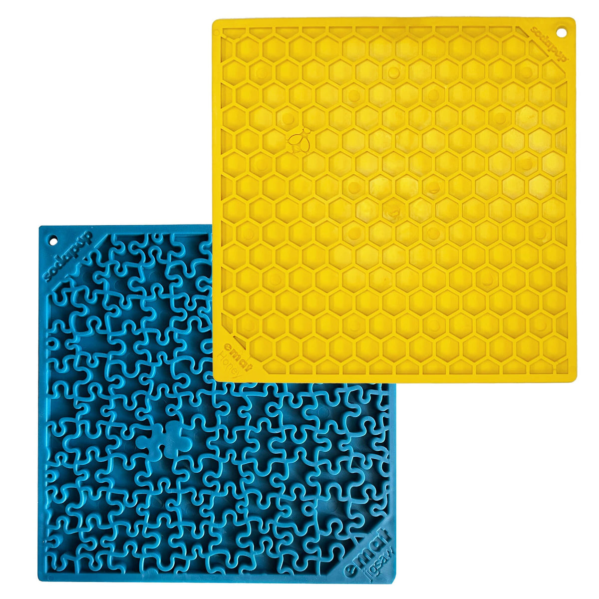 SodaPup Large Blue Jigsaw & Large Yellow Honeycomb eMat Lick Mat Bundle