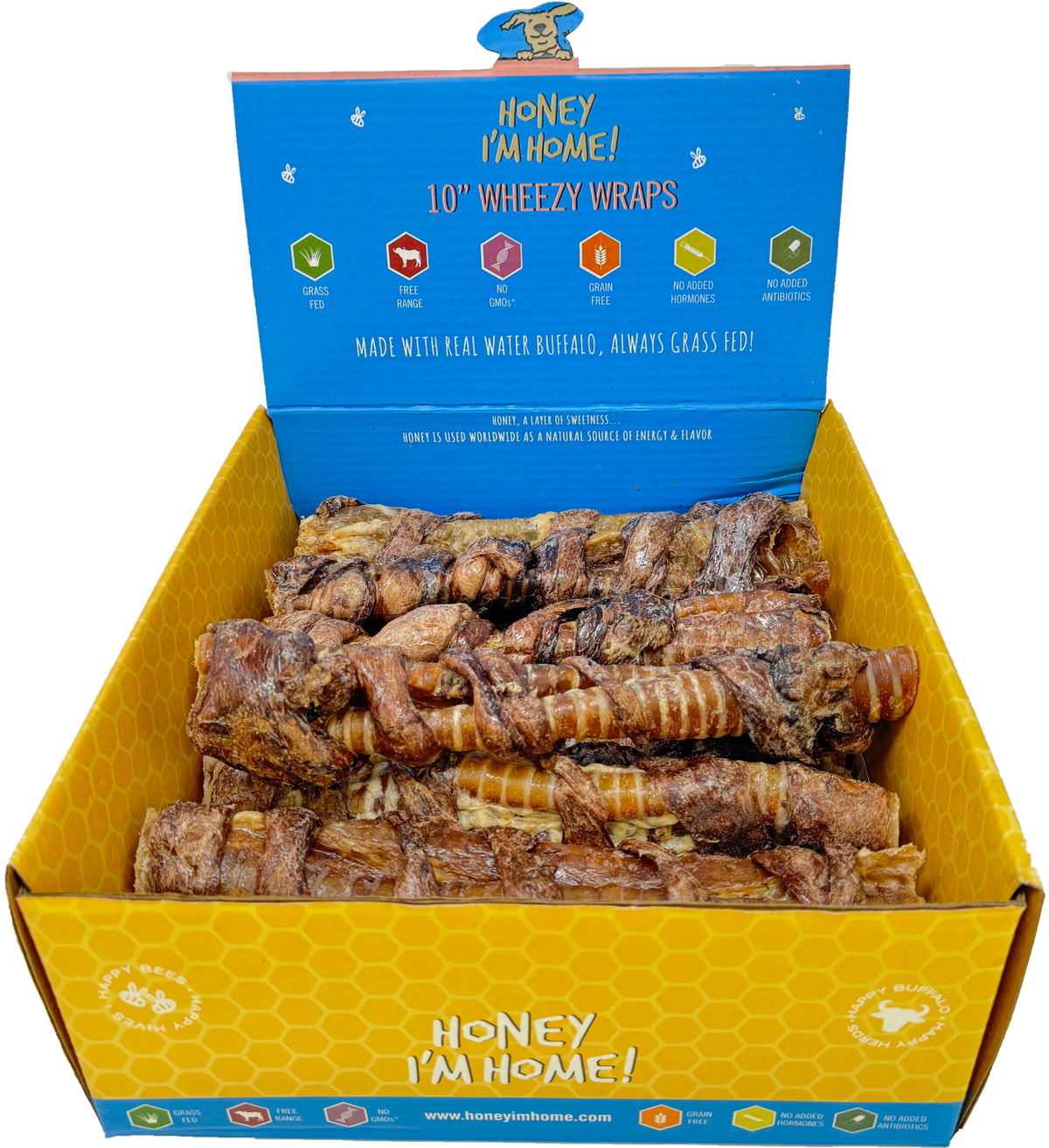 Honey I&#39;m Home! Wheezy Wraps Water Buffalo Trachea &amp; Lung Dog Chews