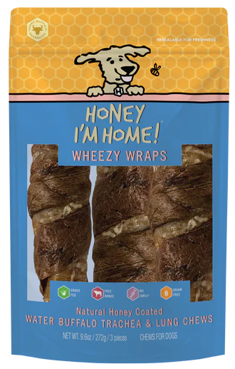 Honey I&#39;m Home! Wheezy Wraps Water Buffalo Trachea &amp; Lung Dog Chews