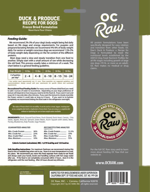 OC Raw Freeze-Dried Duck &amp; Produce Dog Food