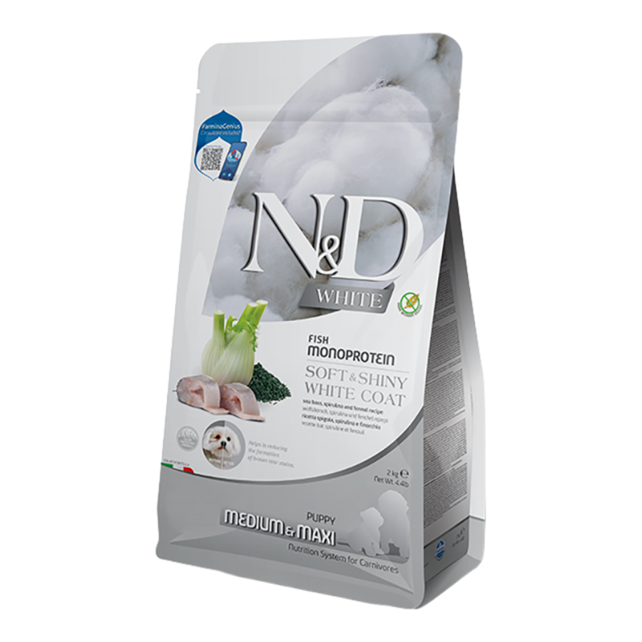 Farmina N&D White Soft & Shiny White Coat Sea Bass, Norwegian Kelp & Fennel Puppy Medium & Maxi Dog Food