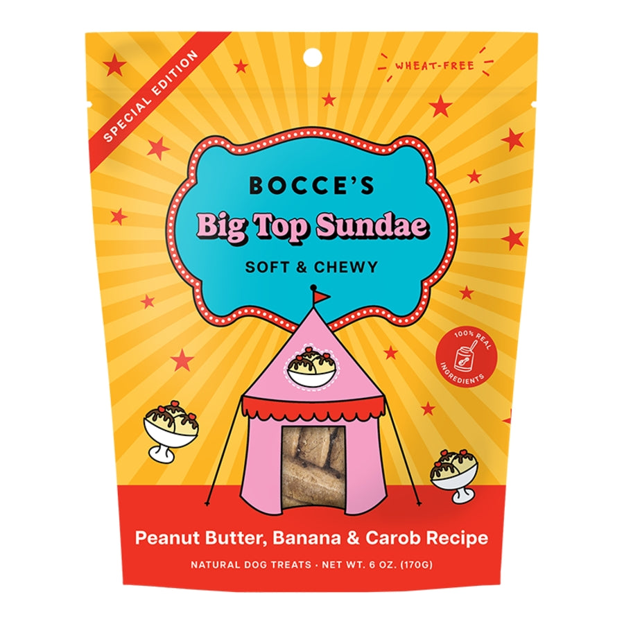 Bocce&#39;s Bakery Big Top Sundae Peanut Butter, Banana &amp; Carob Soft &amp; Chewy Dog Treats