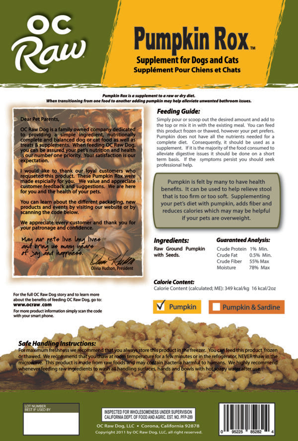 OC Raw Pumpkin Rox Frozen Dog &amp; Cat Supplement