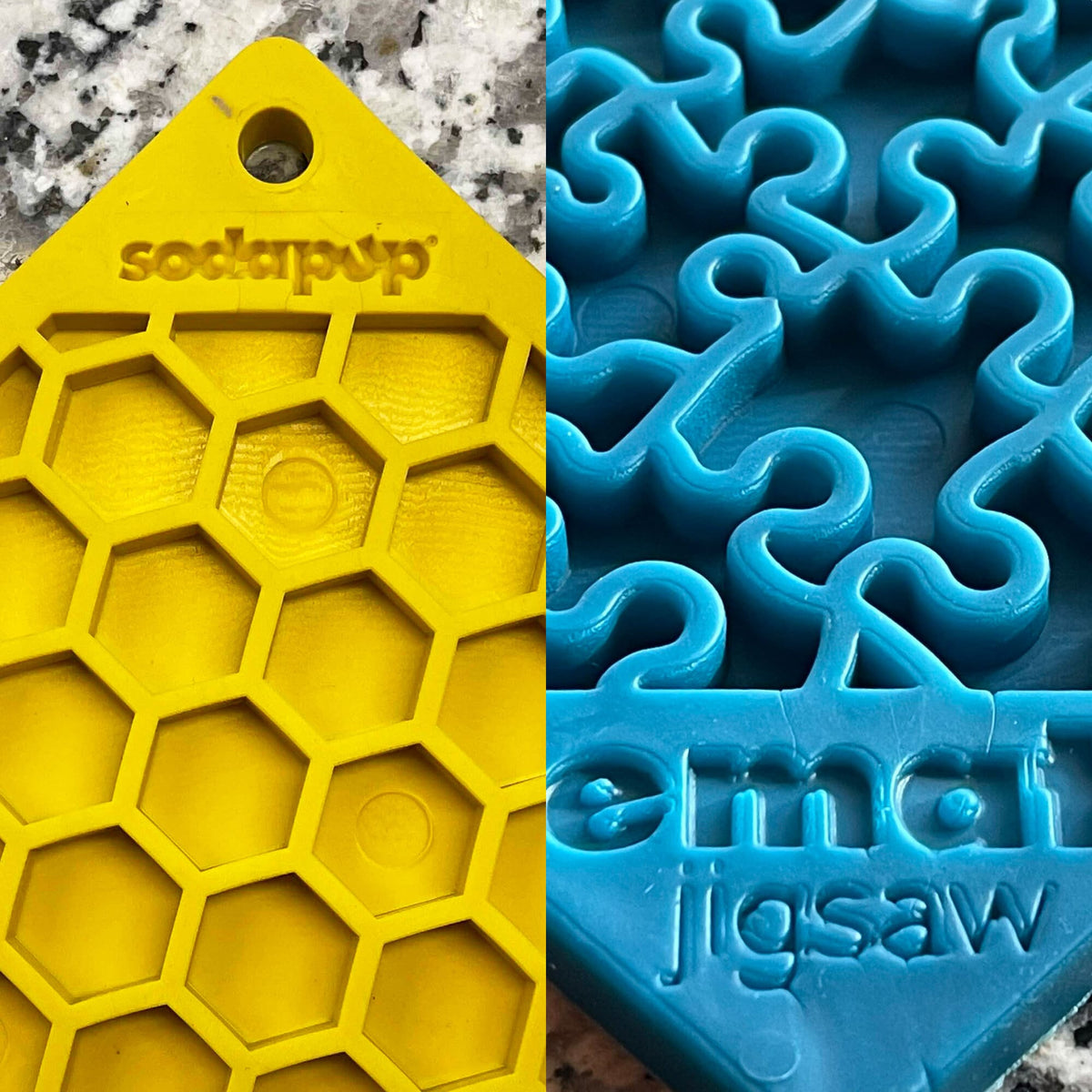 SodaPup Large Blue Jigsaw & Large Yellow Honeycomb eMat Lick Mat Bundle
