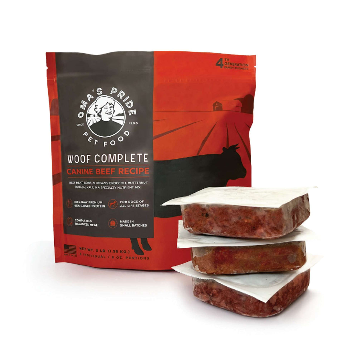 Oma&#39;s Pride Woof Complete Canine Beef Frozen Raw Dog Food