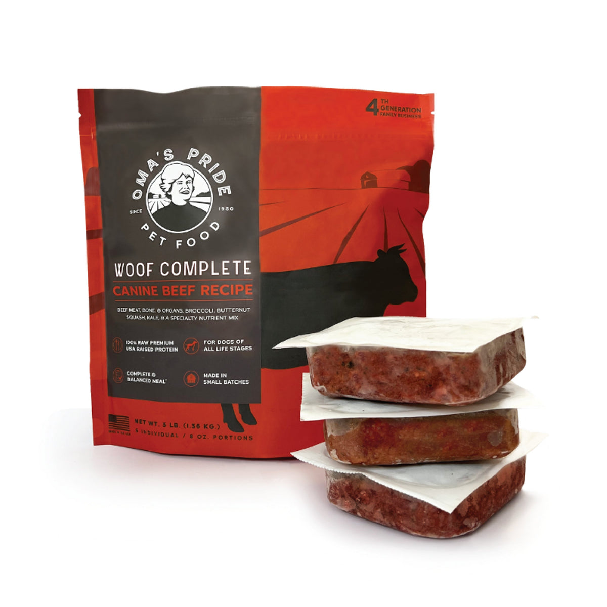 Oma&#39;s Pride Woof Complete Canine Beef Frozen Raw Dog Food