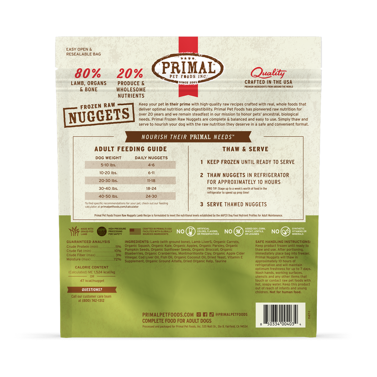 Primal Frozen Nuggets Lamb Raw Dog Food