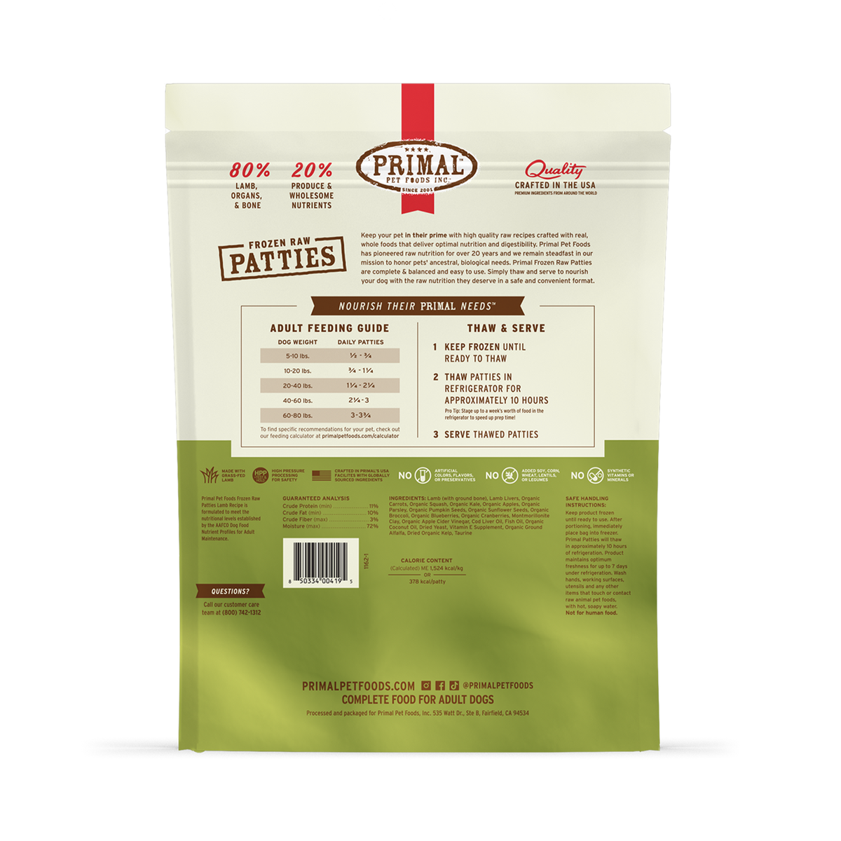 Primal Frozen Patties Lamb Raw Dog Food