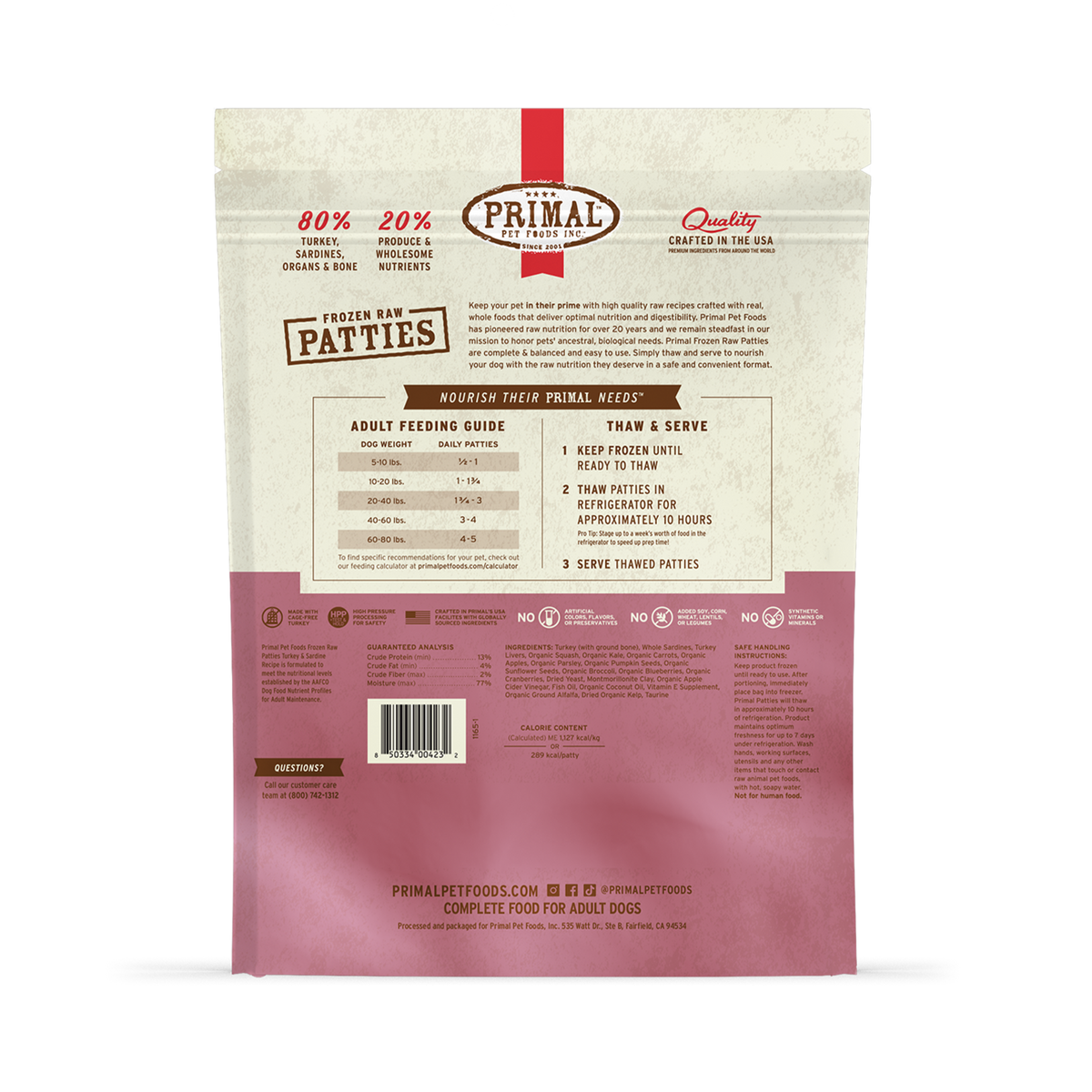 Primal Frozen Patties Turkey &amp; Sardine Raw Dog Food