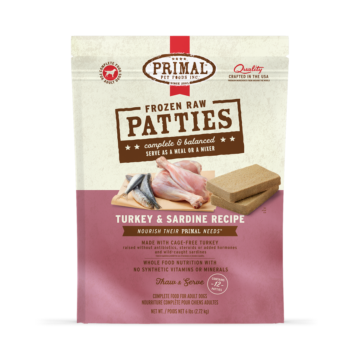Primal Frozen Patties Turkey &amp; Sardine Raw Dog Food