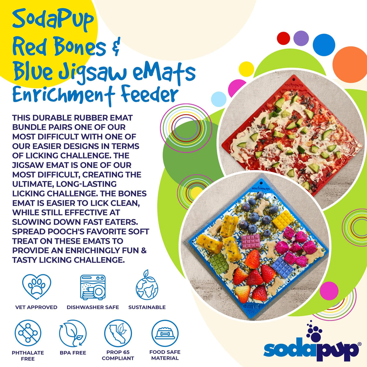 SodaPup Large Blue Jigsaw & Large Red Bones eMat Lick Mat Bundle