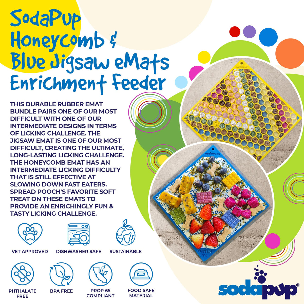 SodaPup Large Blue Jigsaw & Large Yellow Honeycomb eMat Lick Mat Bundle