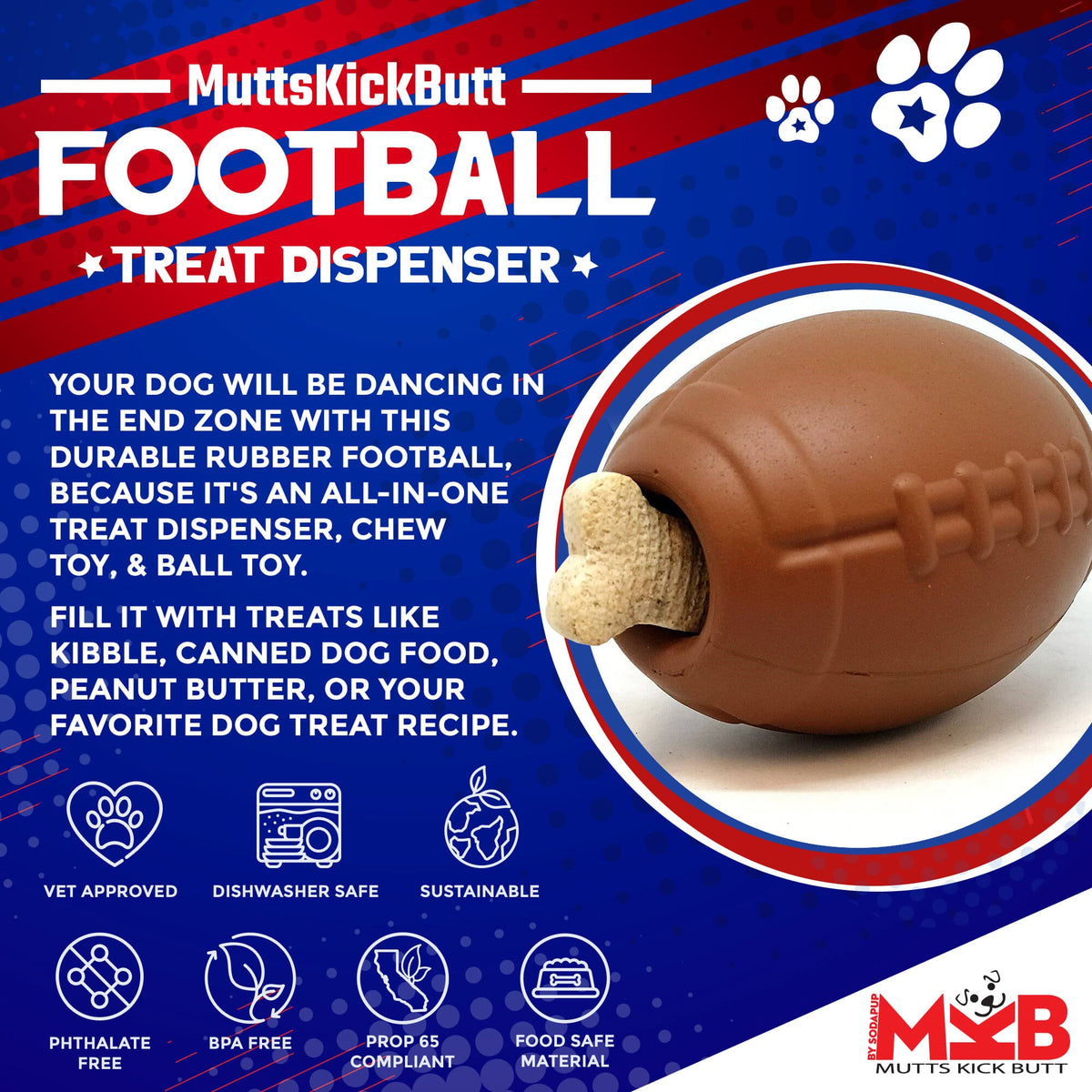 SodaPup Football Durable Rubber Chew Toy and Treat Dispenser
