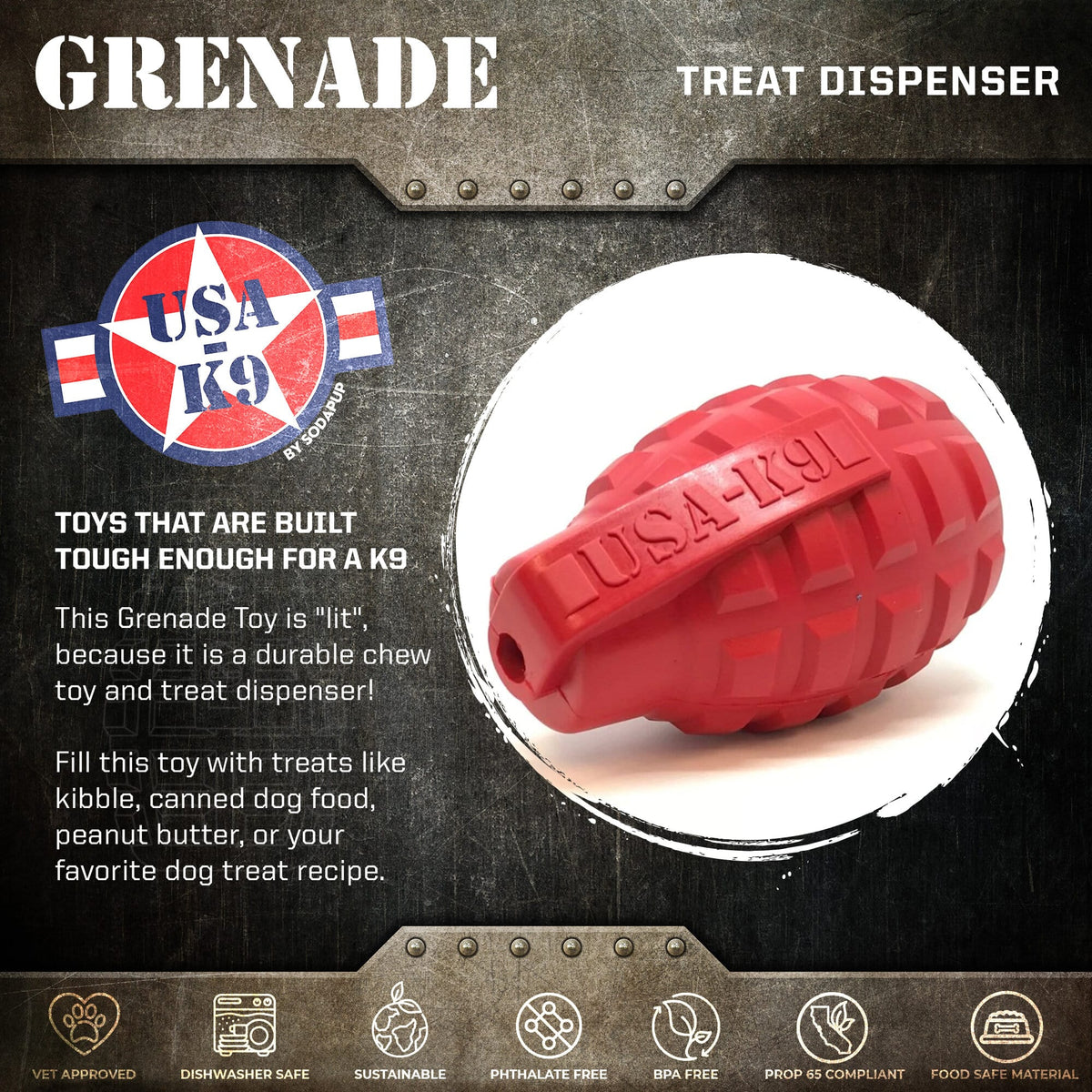 SodaPup  USA-K9 Grenade Durable Rubber Chew Toy & Treat Dispenser