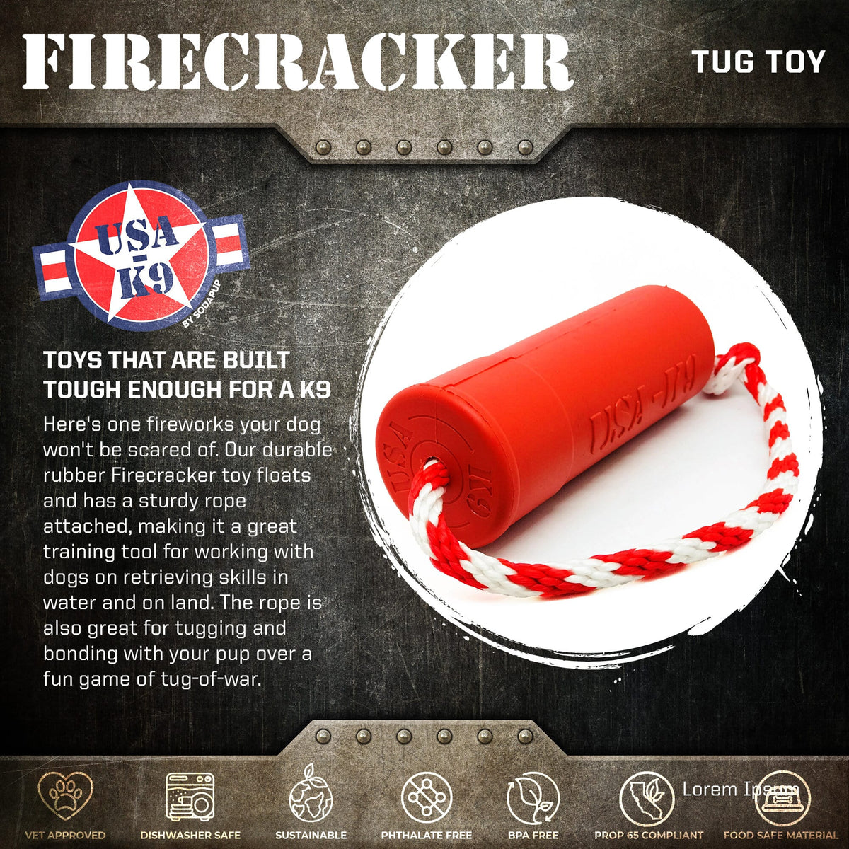 SodaPup USA-K9 Firecracker Durable Floating Training Dummy Rubber Dog Toy