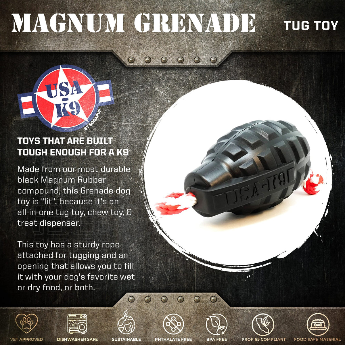 SodaPup USA-K9 Magnum Grenade Durable Rubber Chew Toy