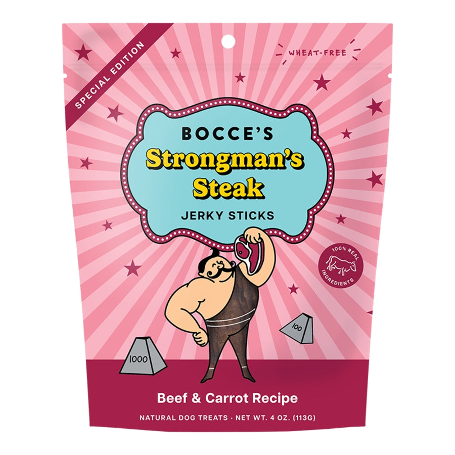 Bocce&#39;s Bakery Strongman&#39;s Steak Beef &amp; Carrot Jerky Sticks Dog Treats