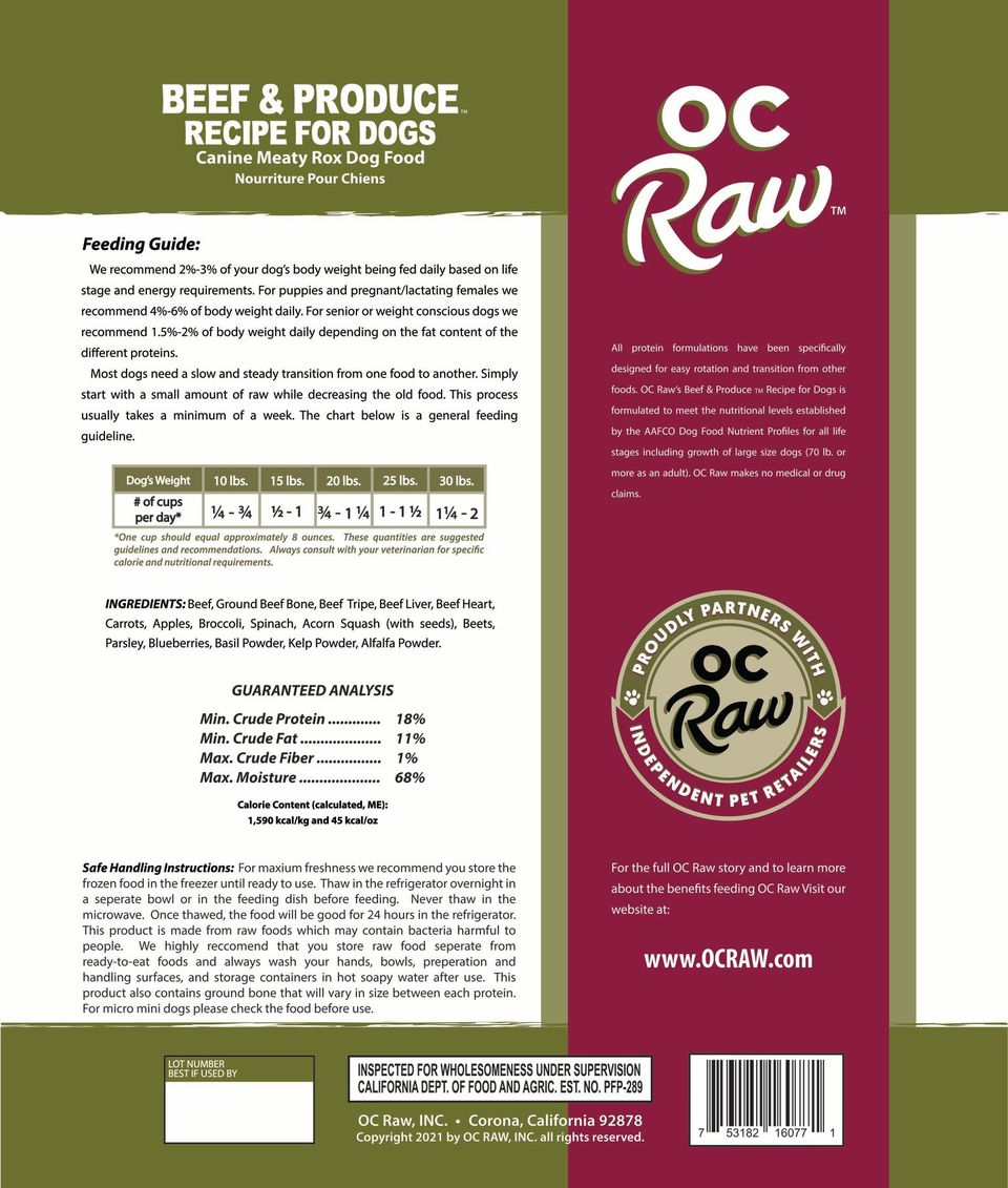 OC Raw Frozen Raw Beef &amp; Produce Dog Food
