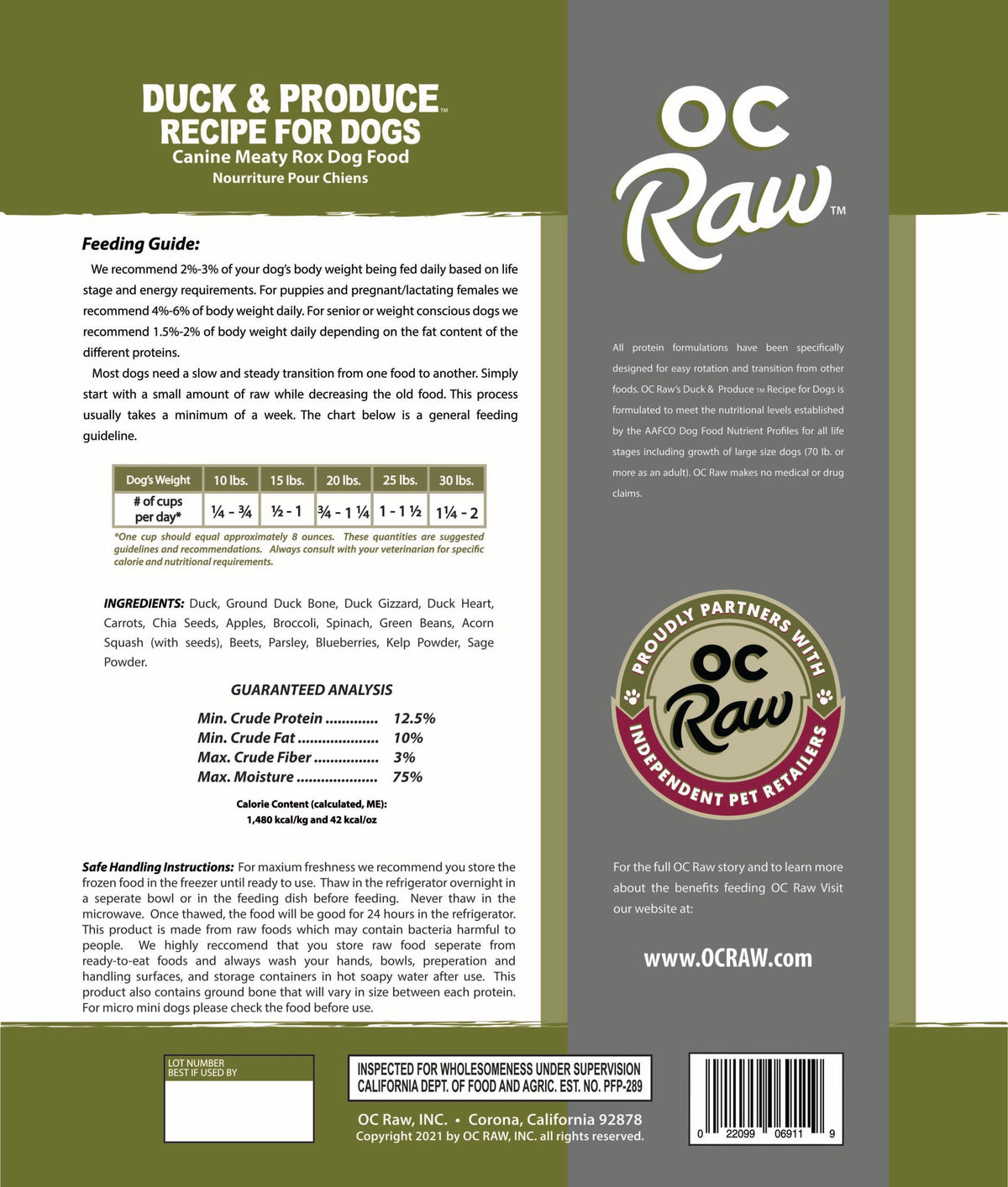 OC Raw Duck &amp; Produce Frozen Dog Food