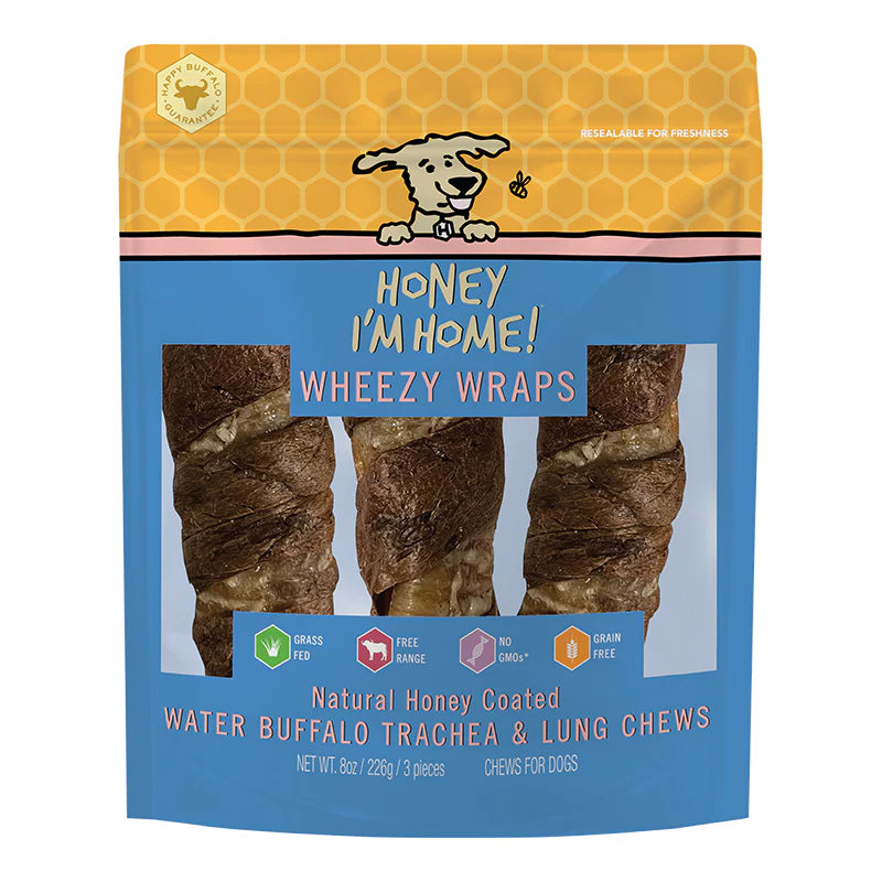 Honey I&#39;m Home! Wheezy Wraps Water Buffalo Trachea &amp; Lung Dog Chews