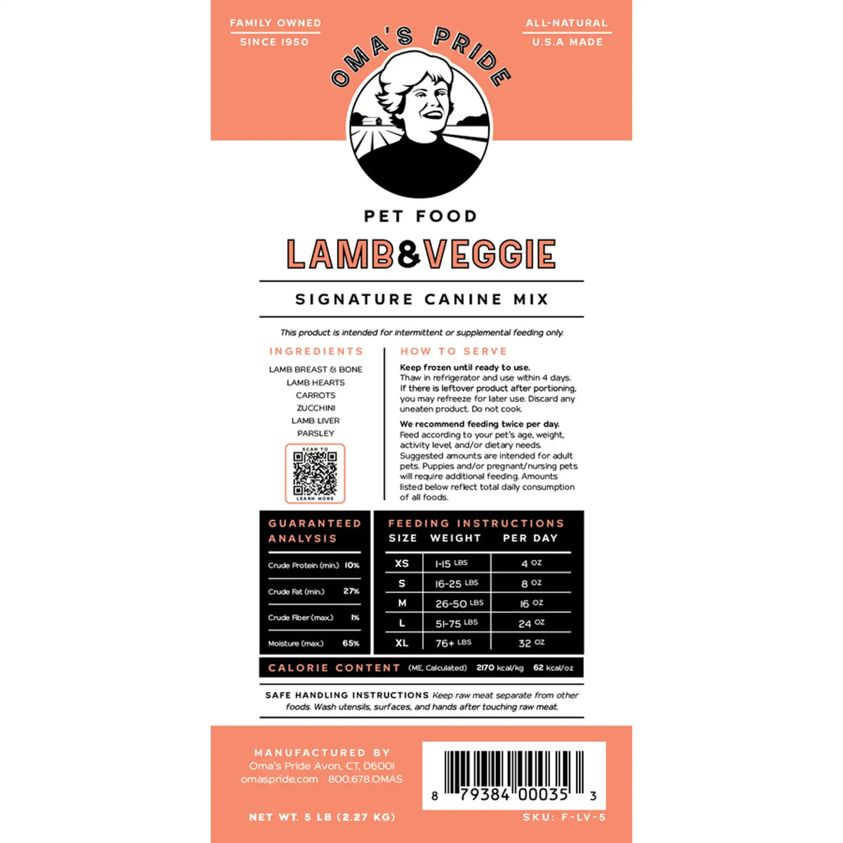 Oma&#39;s Pride Signature Canine  Mix Lamb &amp; Veggie Frozen Raw Dog Food