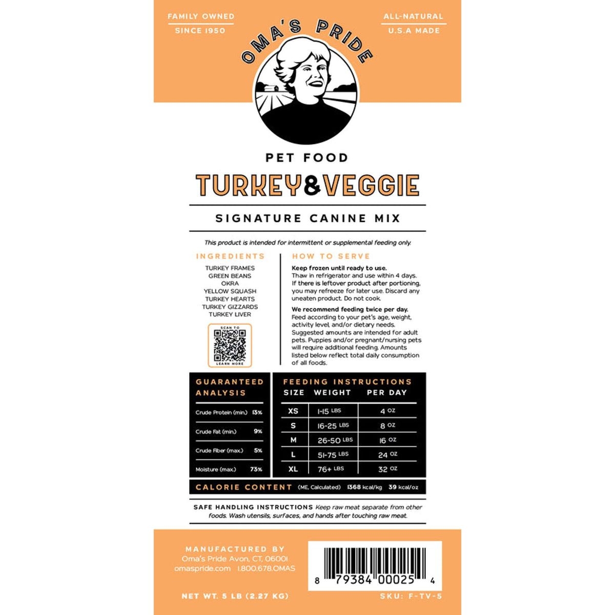 Oma&#39;s Pride Signature Canine Mix Turkey &amp; Veggie Frozen Raw Dog Food