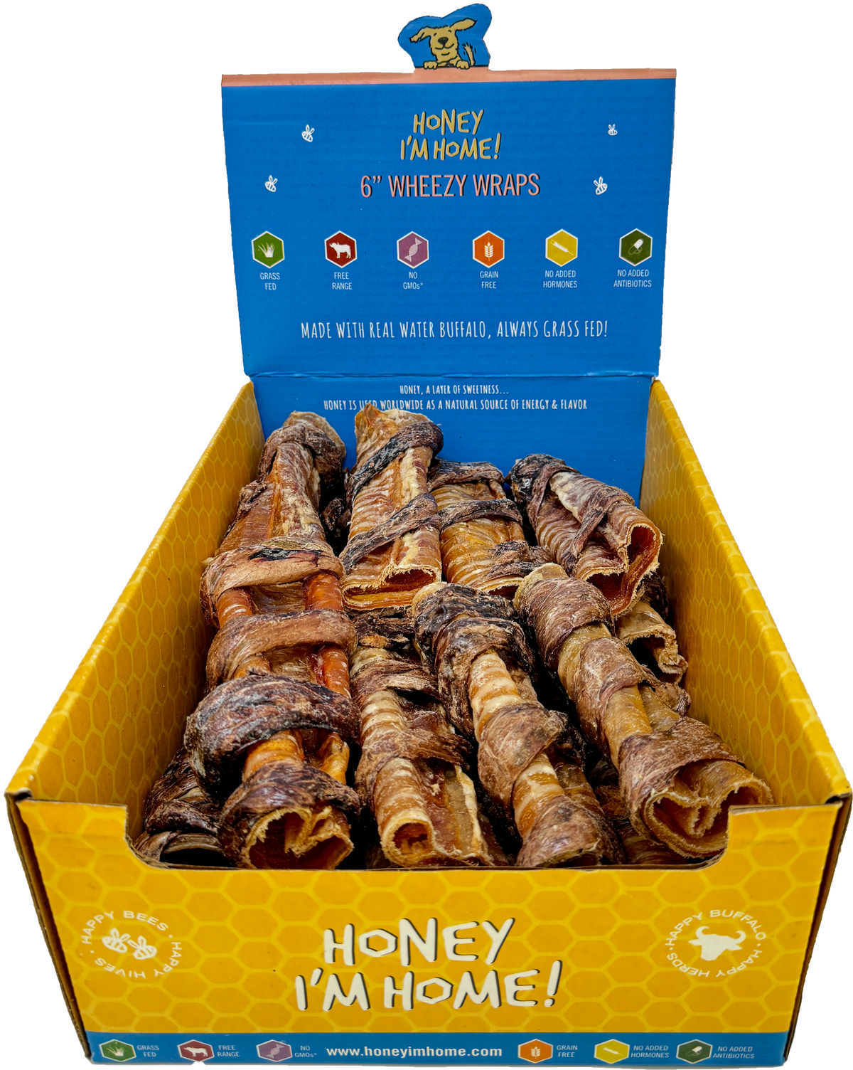 Honey I&#39;m Home! Wheezy Wraps Water Buffalo Trachea &amp; Lung Dog Chews