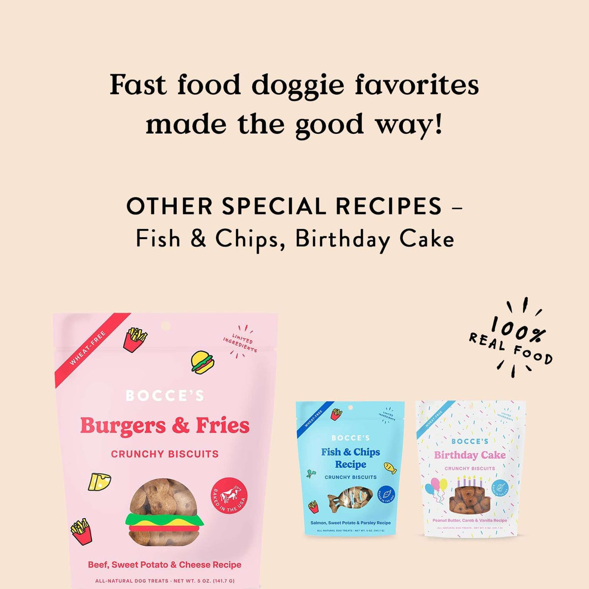 Bocce&#39;s Bakery Burgers &amp; Fries Beef, Sweet Potato and Cheese Crunchy Biscuits Dog Treats