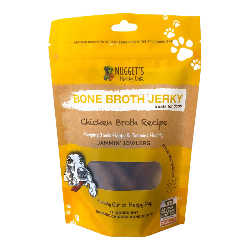 Nugget&#39;s Healthy Eats Jammin&#39; Jowlers Bone Broth Jerky Chicken Dog Treats