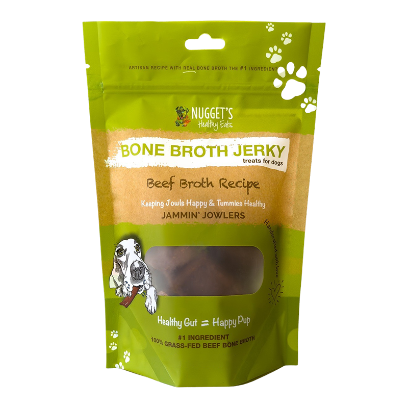 Nugget&#39;s Healthy Eats Jammin&#39; Jowlers Bone Broth Jerky Beef Dog Treats