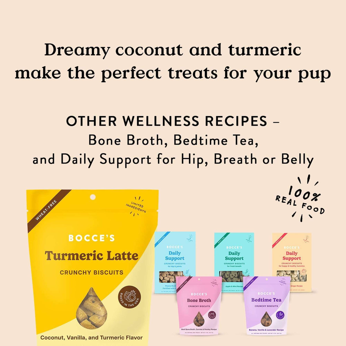 Bocce&#39;s Bakery Turmeric Latte Coconut Vanilla and Turmeric Crunchy Biscuits Dog Treats