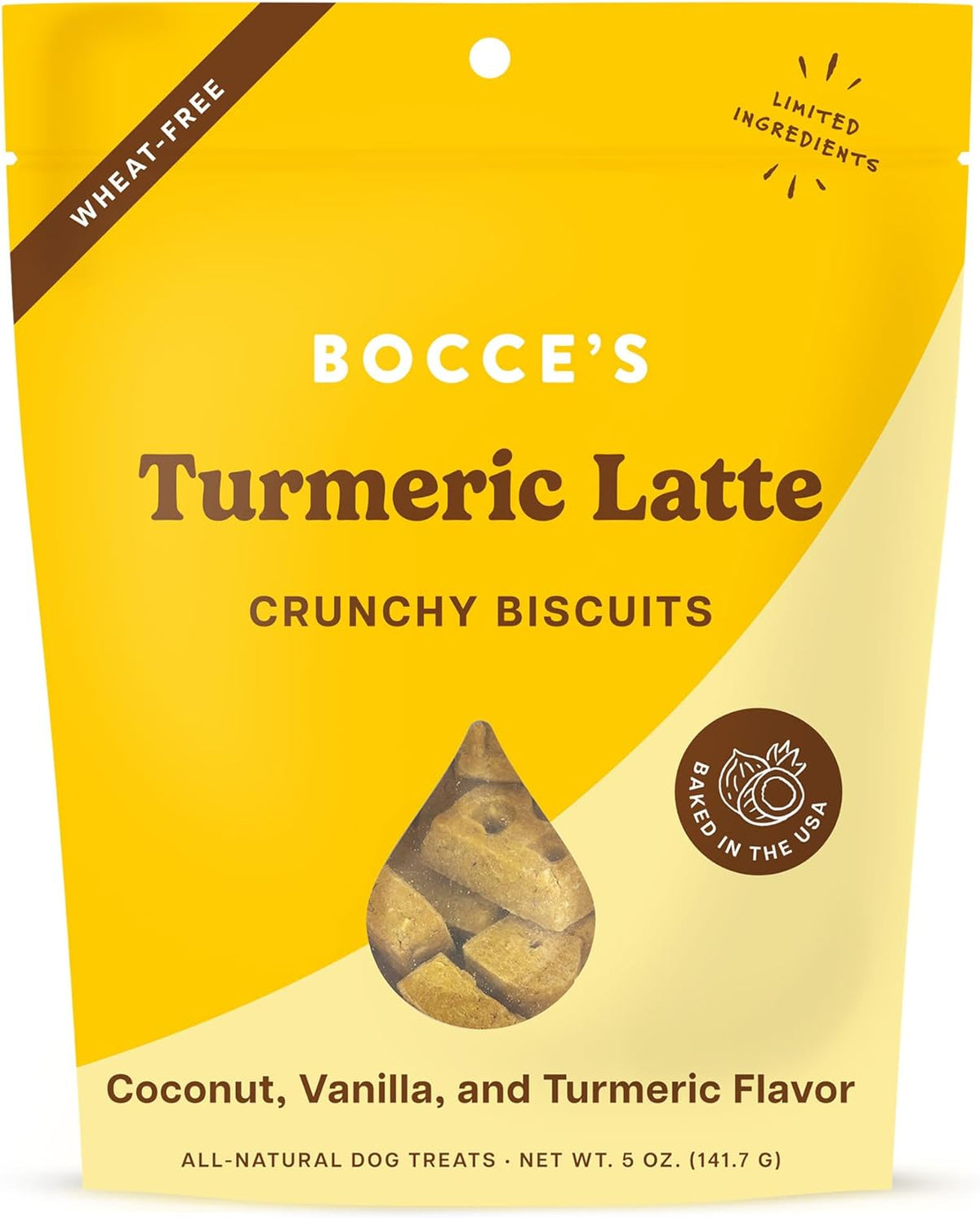 Bocce&#39;s Bakery Turmeric Latte Coconut Vanilla and Turmeric Crunchy Biscuits Dog Treats
