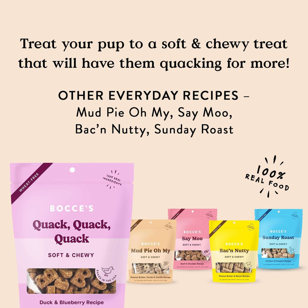 Bocce&#39;s Bakery Soft and Chewy Quack, Quack, Quack Duck and Blueberries Dog Treats
