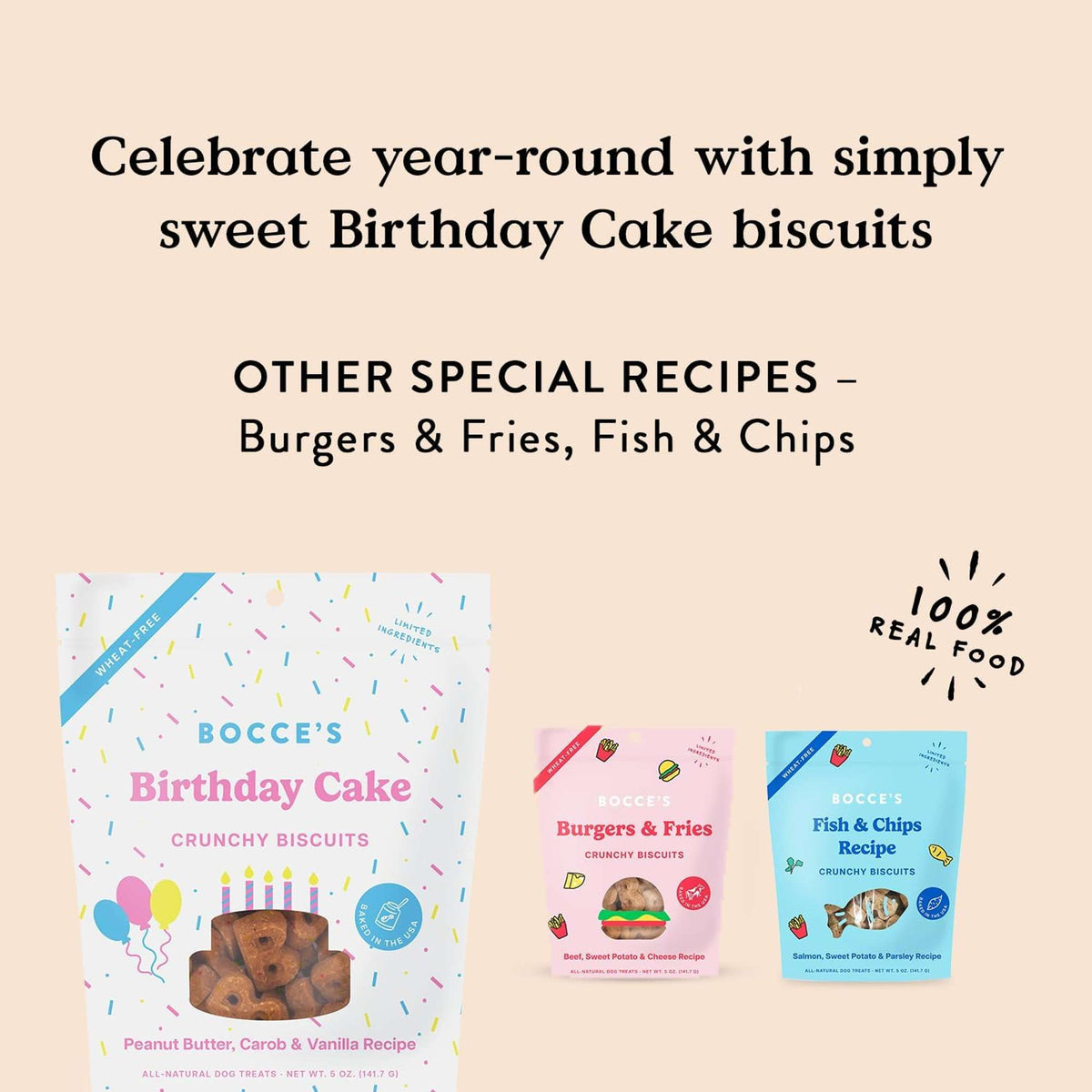 Bocce&#39;s Bakery Birthday Cake Peanut Butter, Carob and Vanilla Dog Treats
