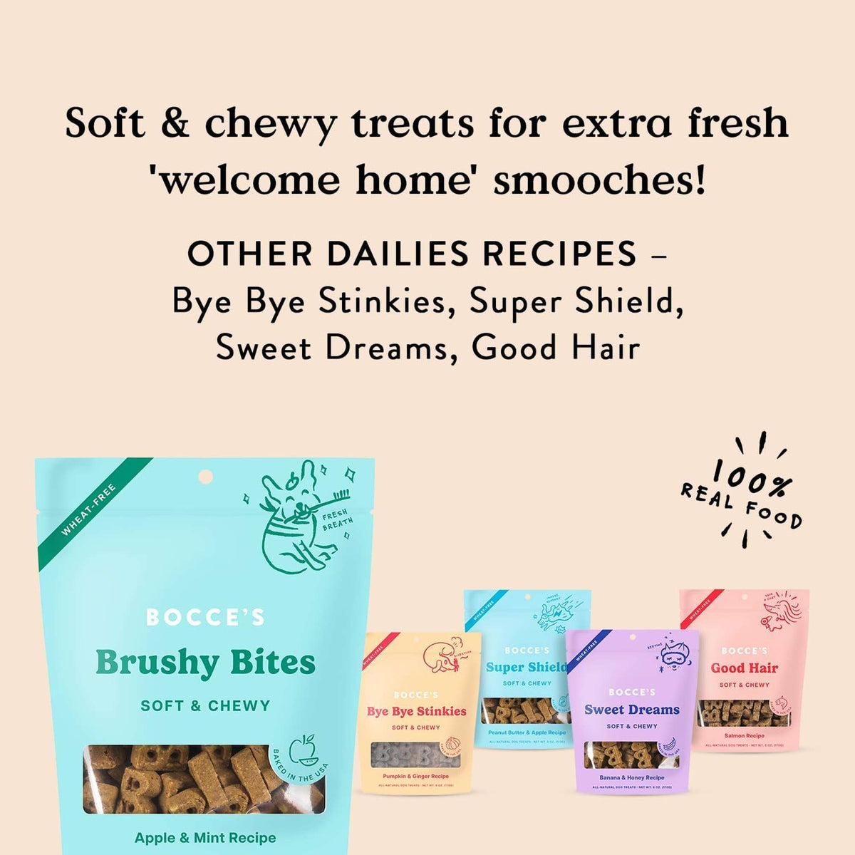 Bocce&#39;s Bakery Dailies Brushy Bites with Apple and Mint Soft and Chewy Dog Treats