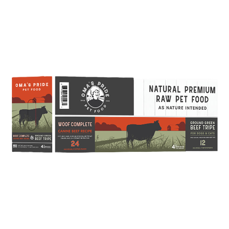 Oma&#39;s Pride Frozen Raw Woof Complete Canine Beef &amp; Ground Green Beef Tripe Variety Pack for Dogs &amp; Cats