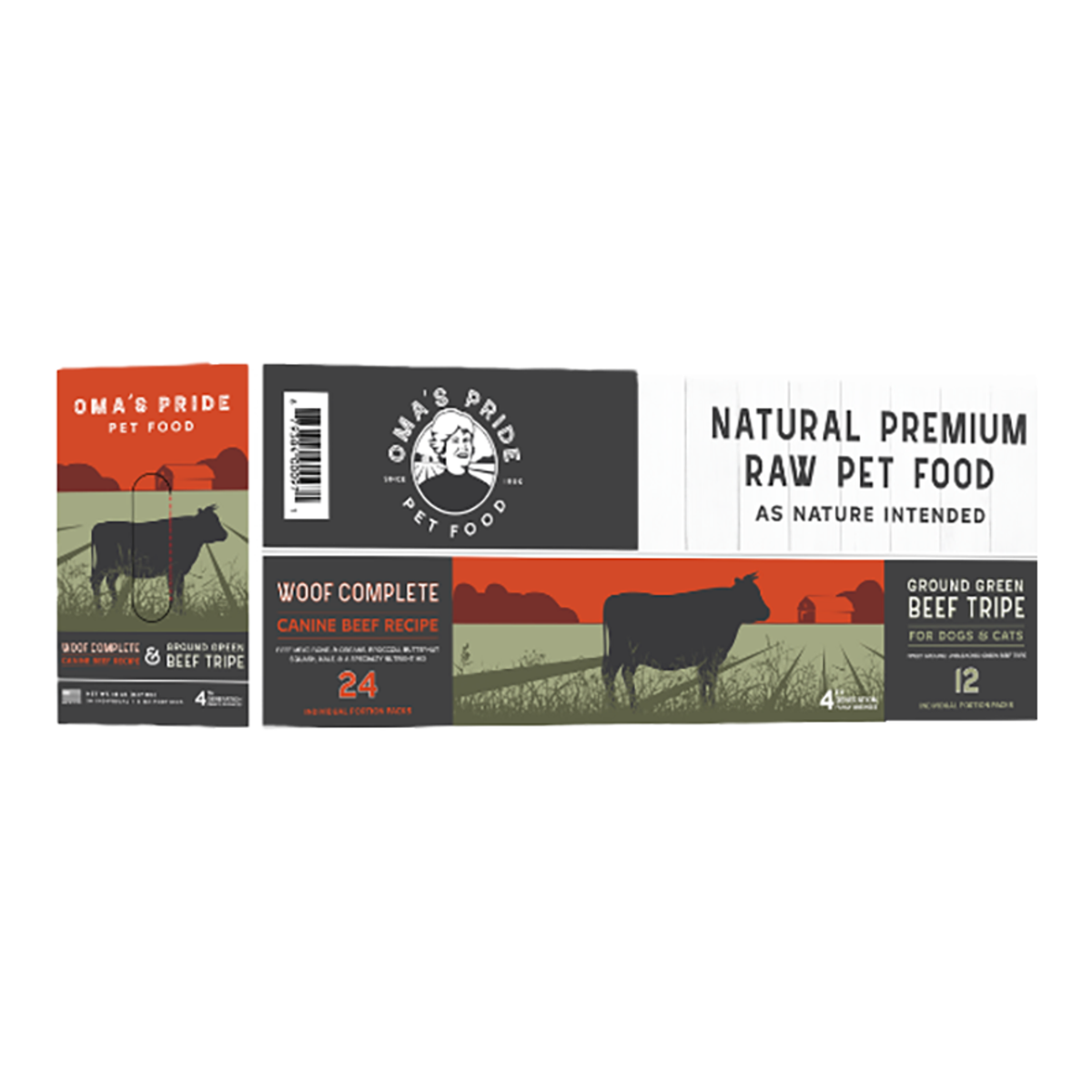 Oma&#39;s Pride Frozen Raw Woof Complete Canine Beef &amp; Ground Green Beef Tripe Variety Pack for Dogs &amp; Cats