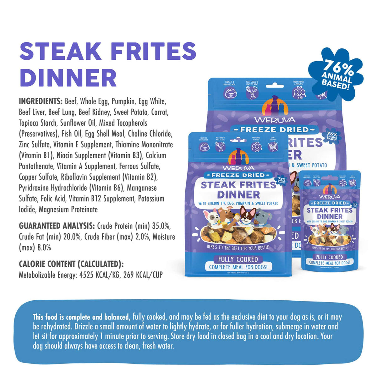 Weruva Freeze Dried Steak Frites Dinner with Sirloin Tip, Egg, Pumpkin &amp; Sweet Potato Dog Food
