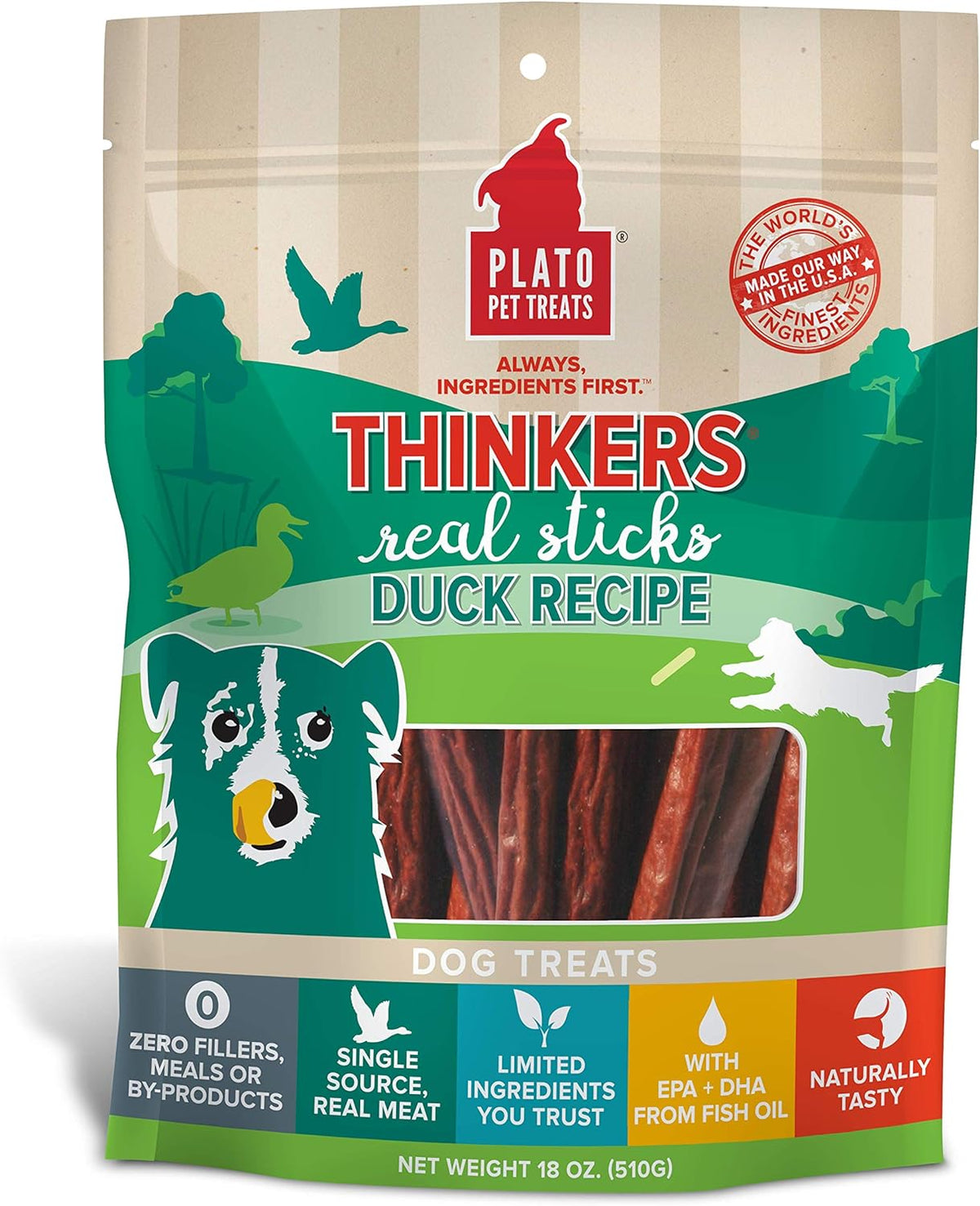 Plato Pet Treats Thinkers Real Sticks Duck Recipe for Dogs