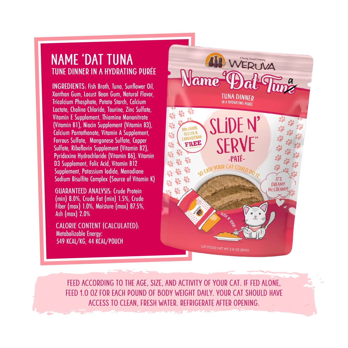 Weruva Slide N&#39; Serve Paté Name Dat Tuna Beef &amp; Salmon Cat Food Pouch