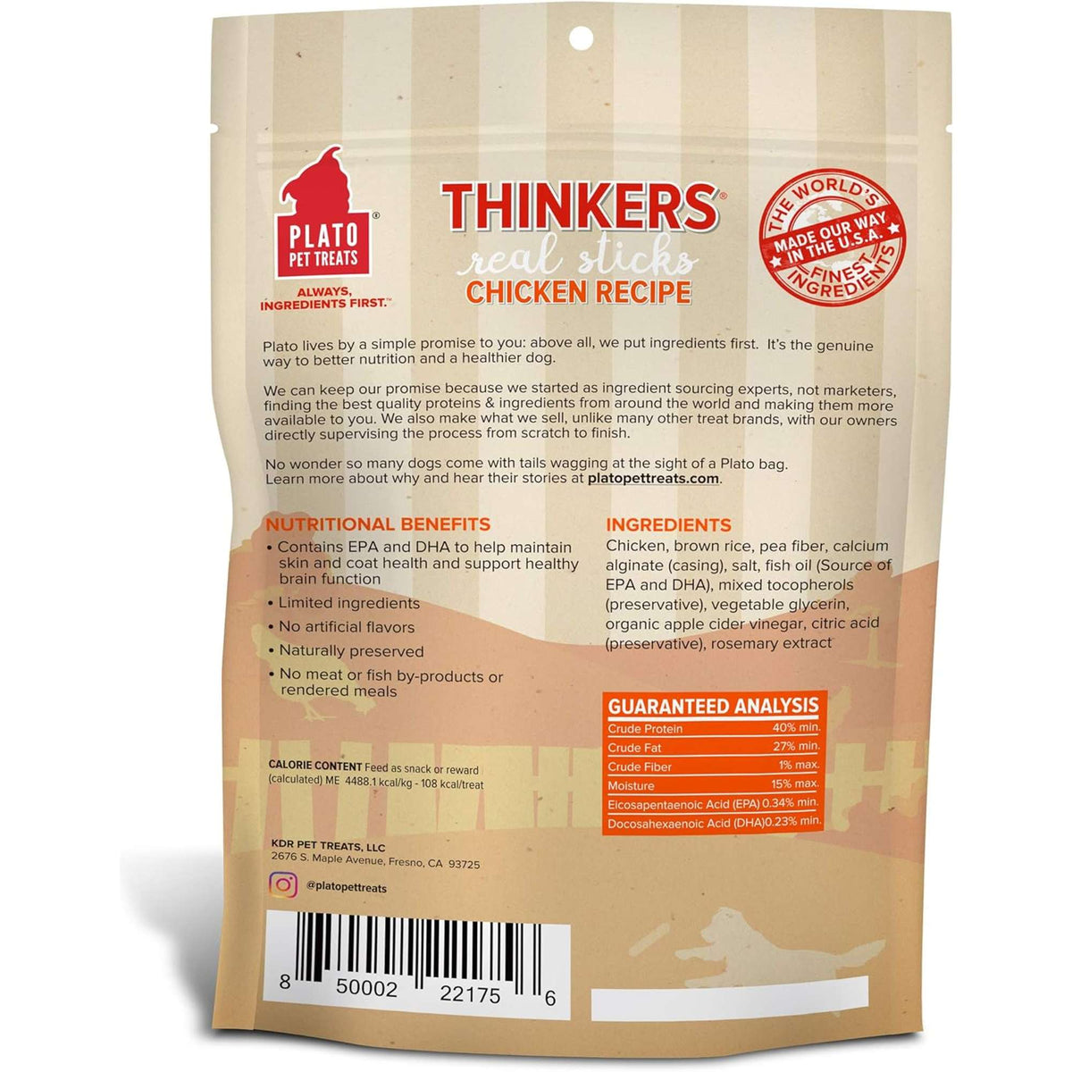 Plato Pet Treats Thinkers Real Sticks Chicken Recipe for Dogs