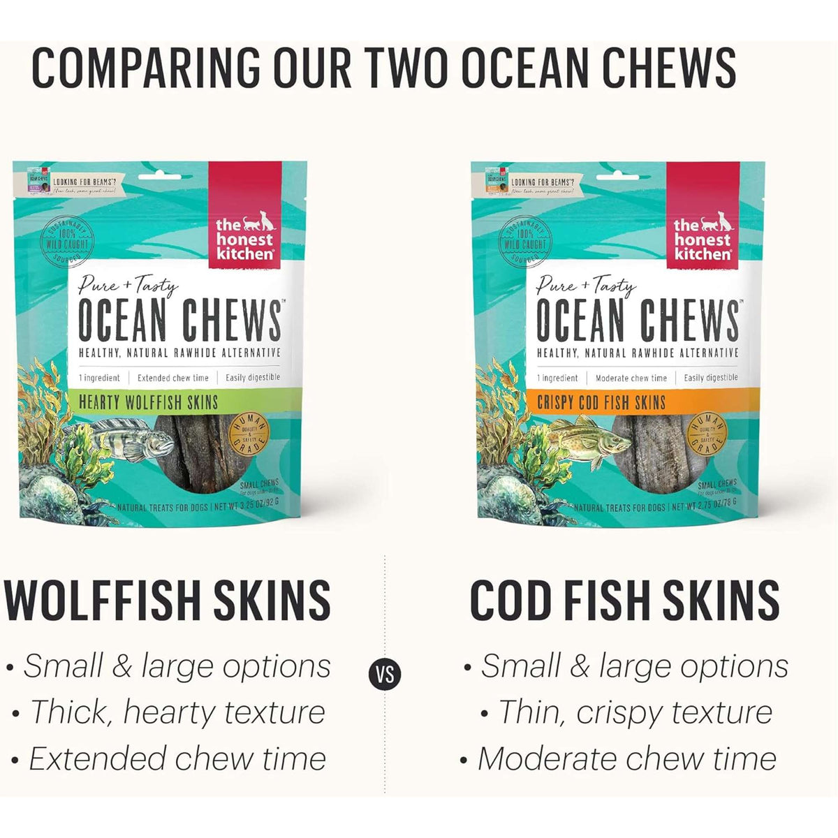 The Honest Kitchen Beams Ocean Chews Wolffish Skins Dog Treats