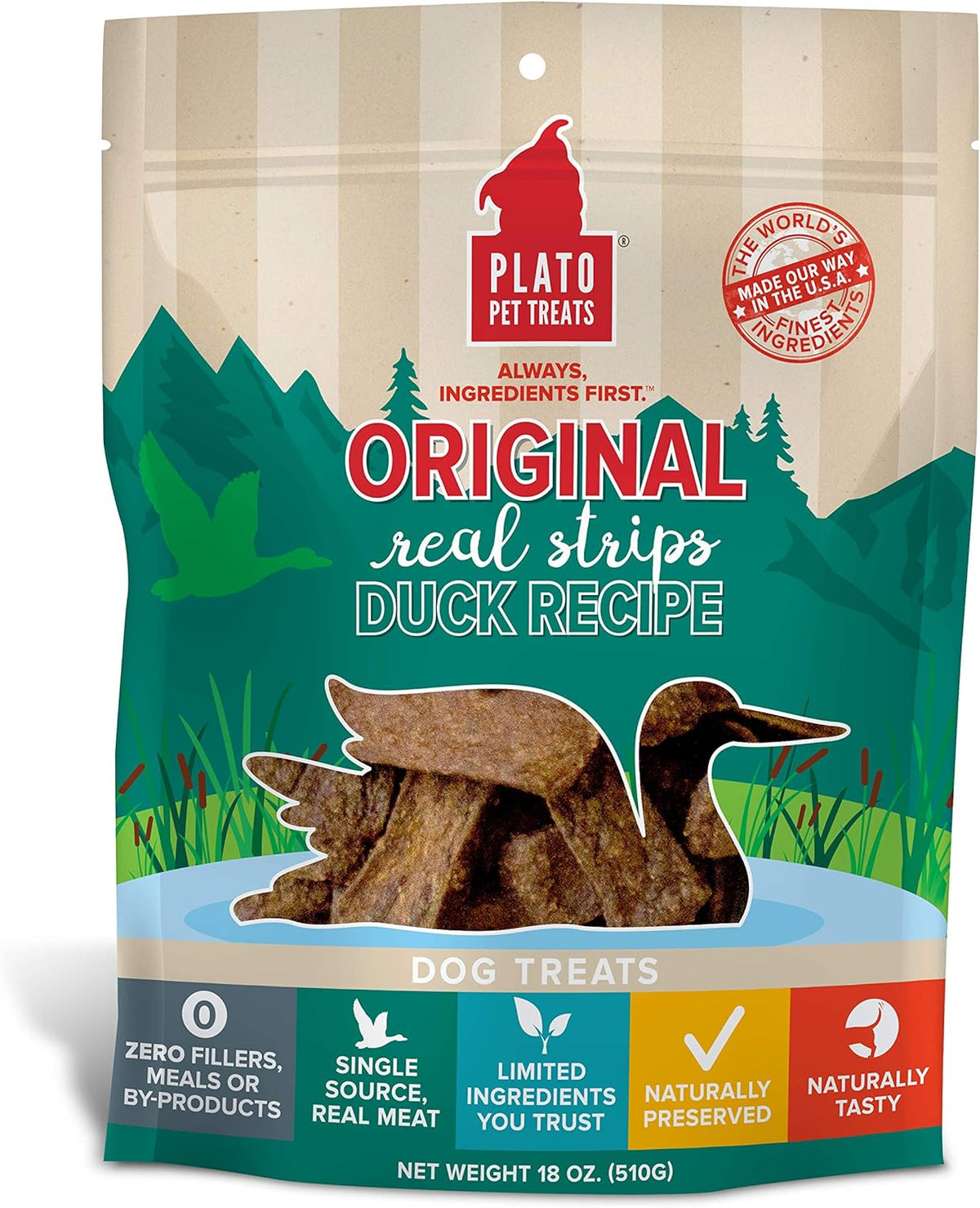 Plato Pet Treats Original Real Strips Duck Recipe for Dogs
