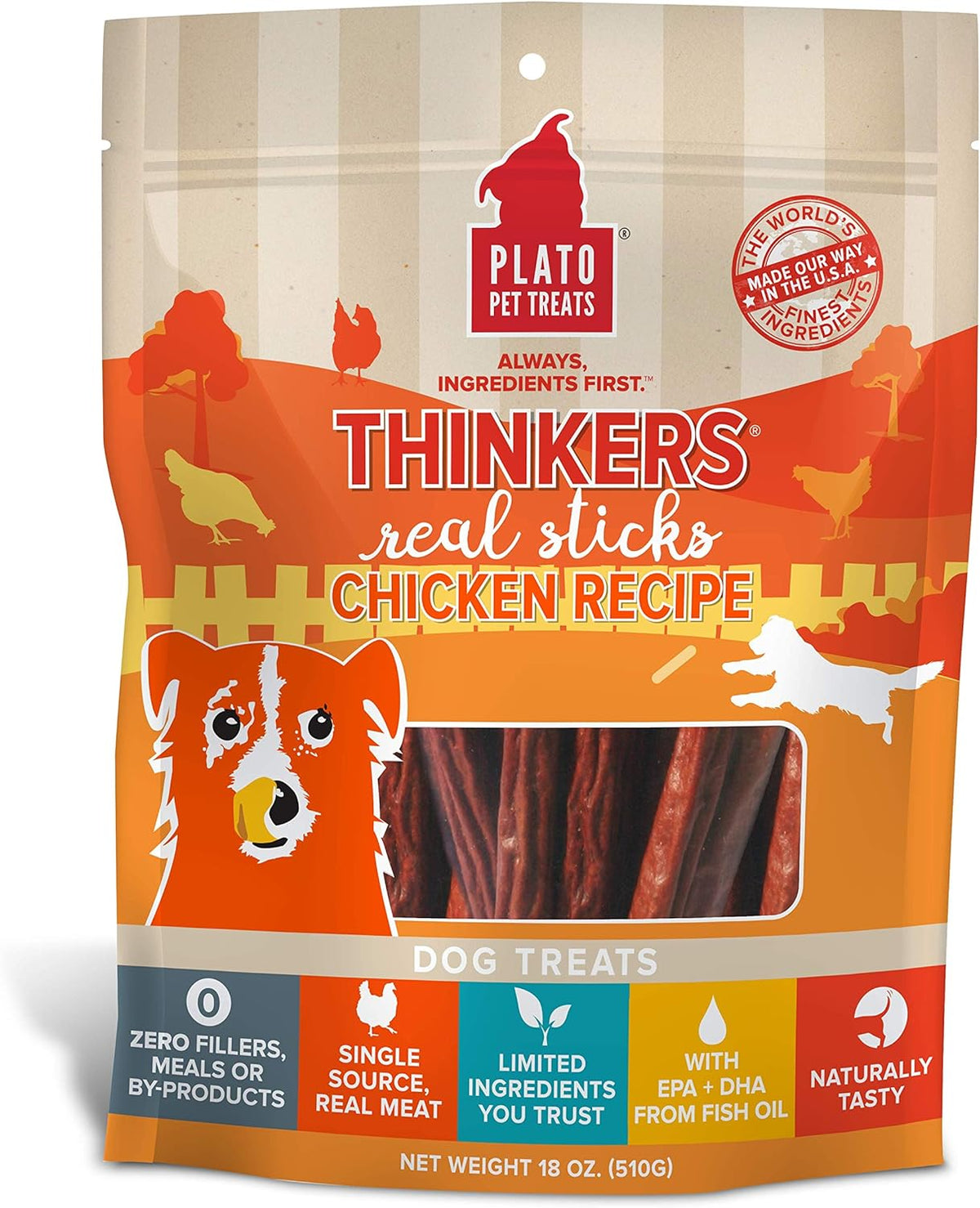 Plato Pet Treats Thinkers Real Sticks Chicken Recipe for Dogs