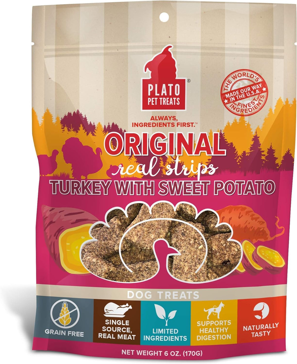 Plato Pet Treats Original Real Strips Turkey with Sweet Potato for Dogs