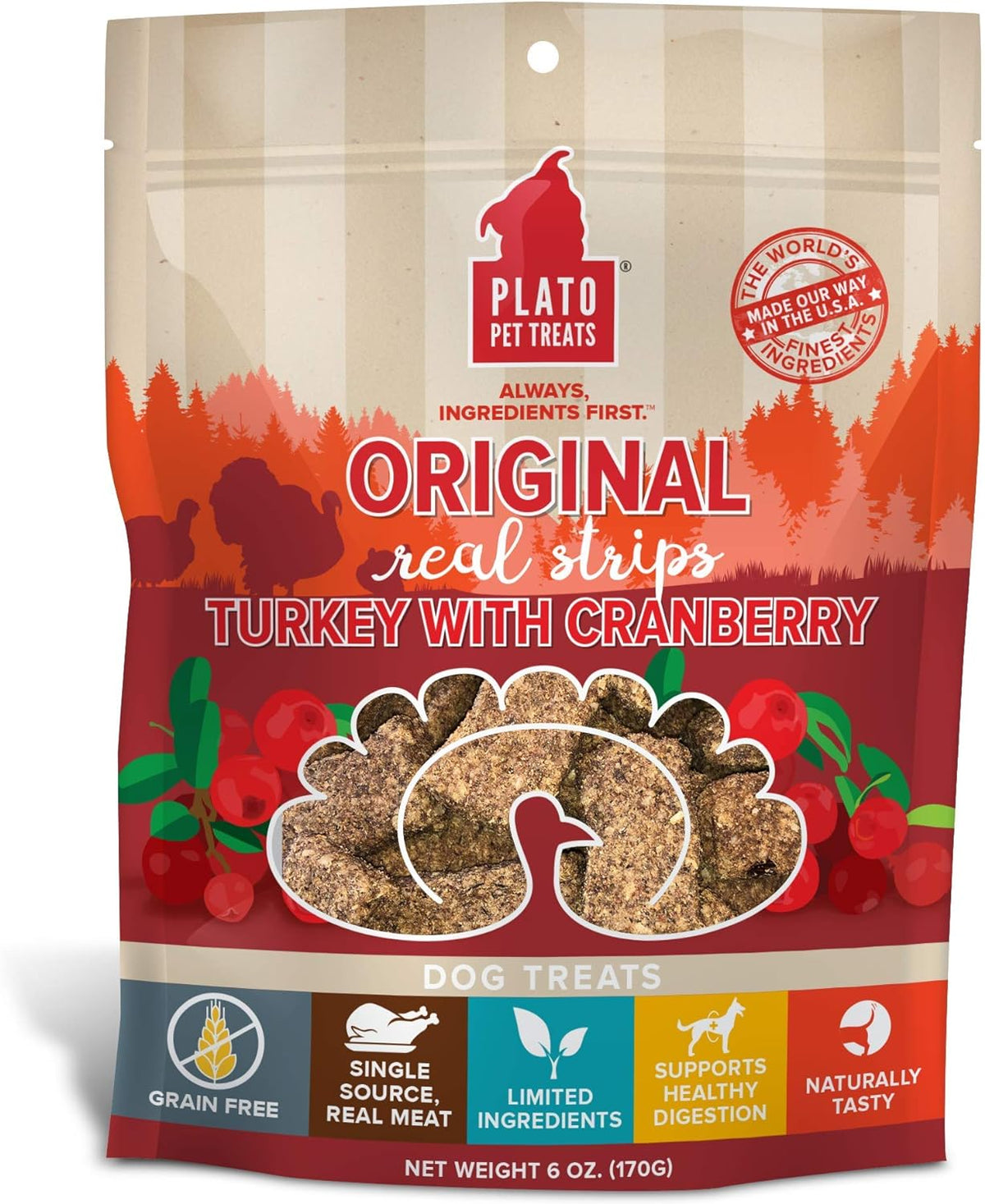Plato Pet Treats Original Real Strips Turkey with Cranberry for Dogs