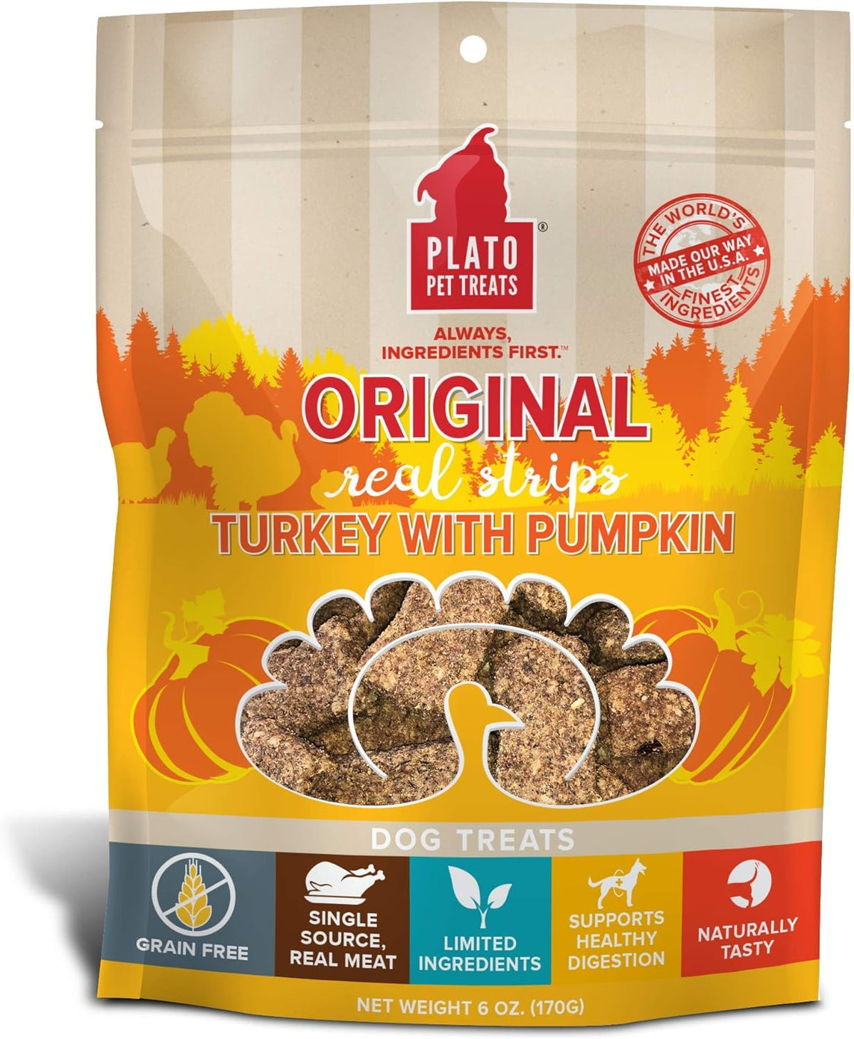 Plato Pet Treats Original Real Strips Turkey with Pumpkin for Dogs