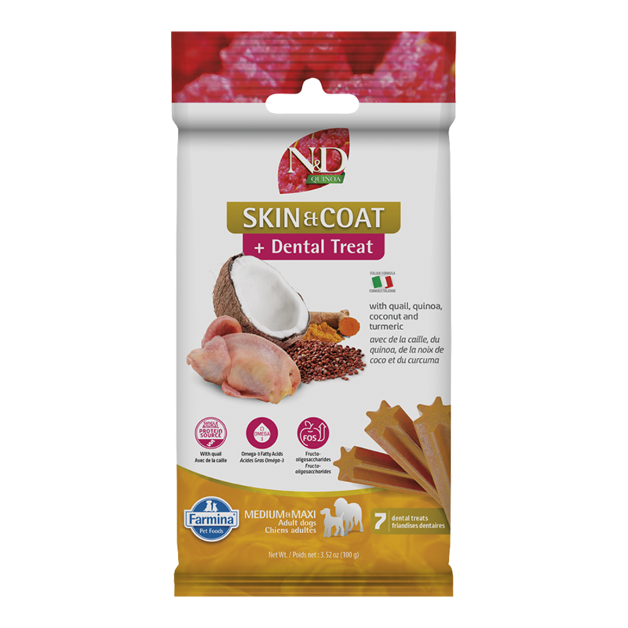 Farmina N&D Quinoa Skin & Coat + Dental Treat Quail & Coconut Medium & Maxi Dog Treats