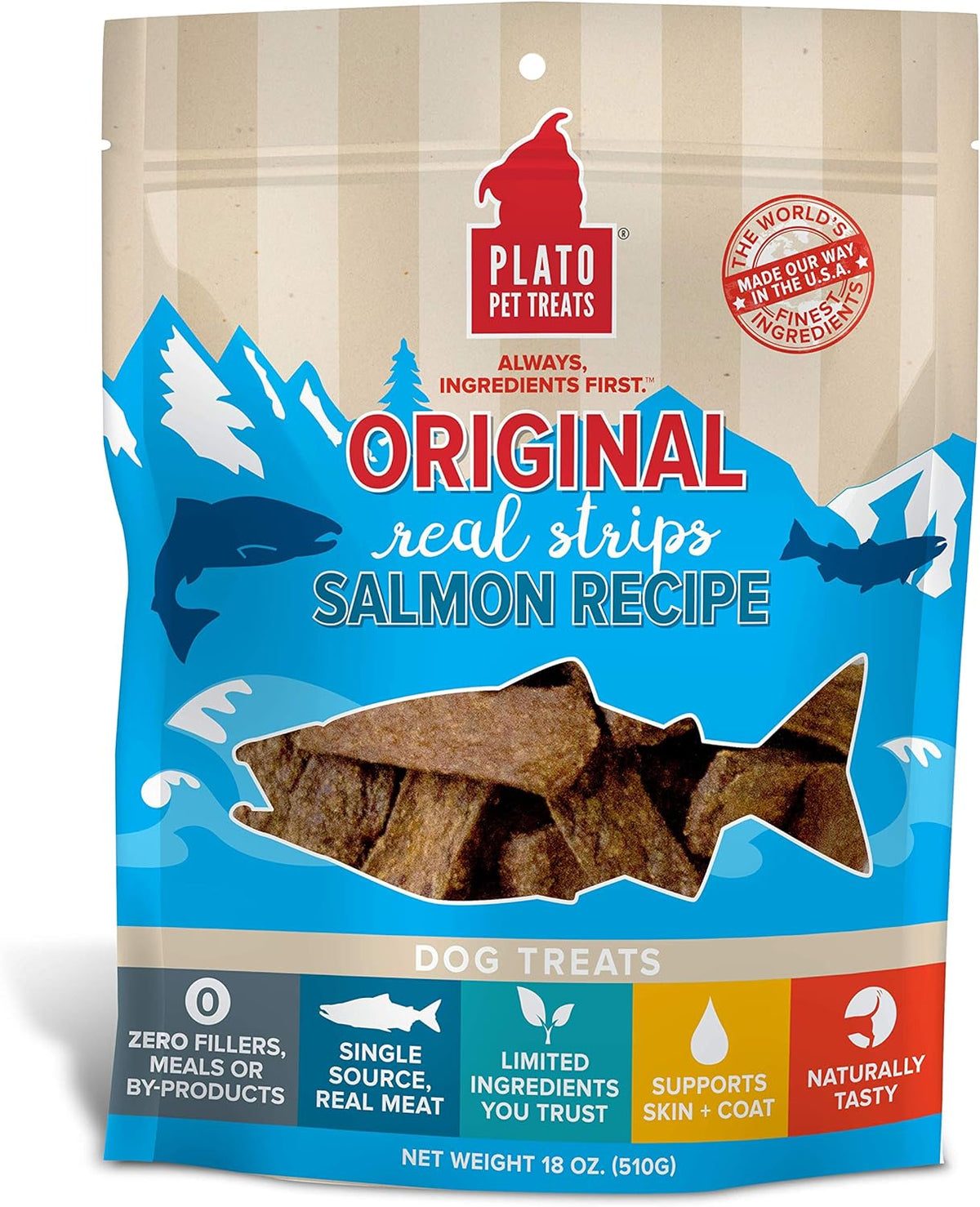 Plato Pet Treats Original Real Strips Salmon for Dogs